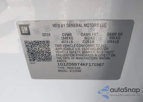 2019 Chevrolet Malibu Lt из США, поврежденный, VIN 1G1ZD5ST4KF171567